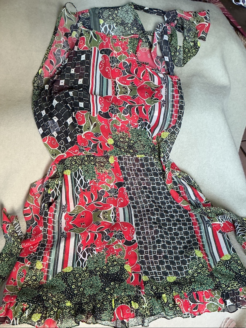 Red Floral Print Mini Dress with Black and Green Accents